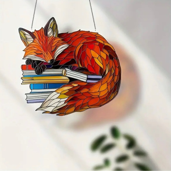 Fox suncatcher - new in package - sleepy bookish fox - stained glass effect - Picture 3 of 5